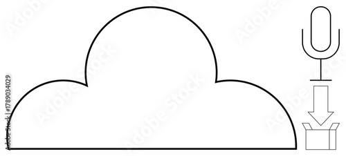 Cloud shape connected to a microphone with an arrow pointing to a data container. Ideal for voice storage, cloud services, audio technology, data transfer, digital media, podcasting, simple flat