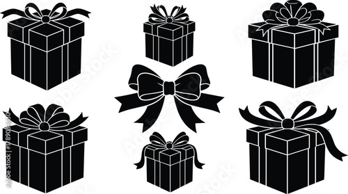 Holiday celebration gift box and bow silhouettes graphic set isolated on white background, Vector, illustration