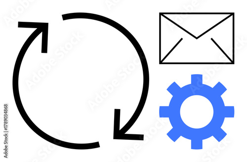Black arrows forming a circle, blue gear, and email envelope showcasing automation, updates, task planning, data flow, system integration, digital communication teamwork. Minimalist flat metaphor