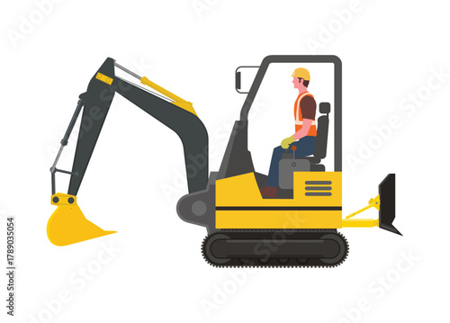 Man riding mini excavator. Simple flat illustration