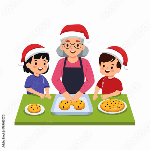 Grandmother and grandchildren baking Christmas cookies together, wearing Santa hats.
