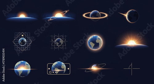 Collection of Space and Planet Illustrations with Sunrise and Technology Elements.