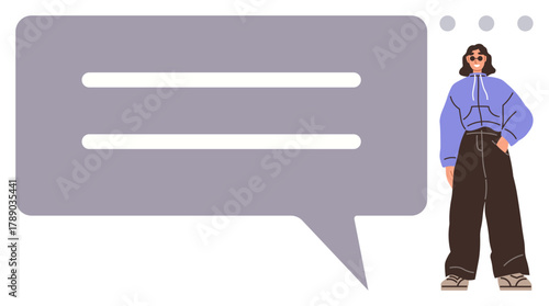 Woman in casual clothing standing beside a large speech bubble with text lines. Ideal for communication, discussion, feedback, dialogue, thought-sharing, brainstorming, social interaction concepts