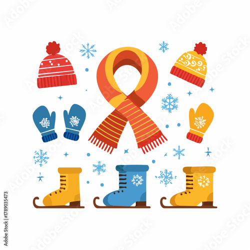 A collection of winter clothing and ice skates with snowflakes scattered around.