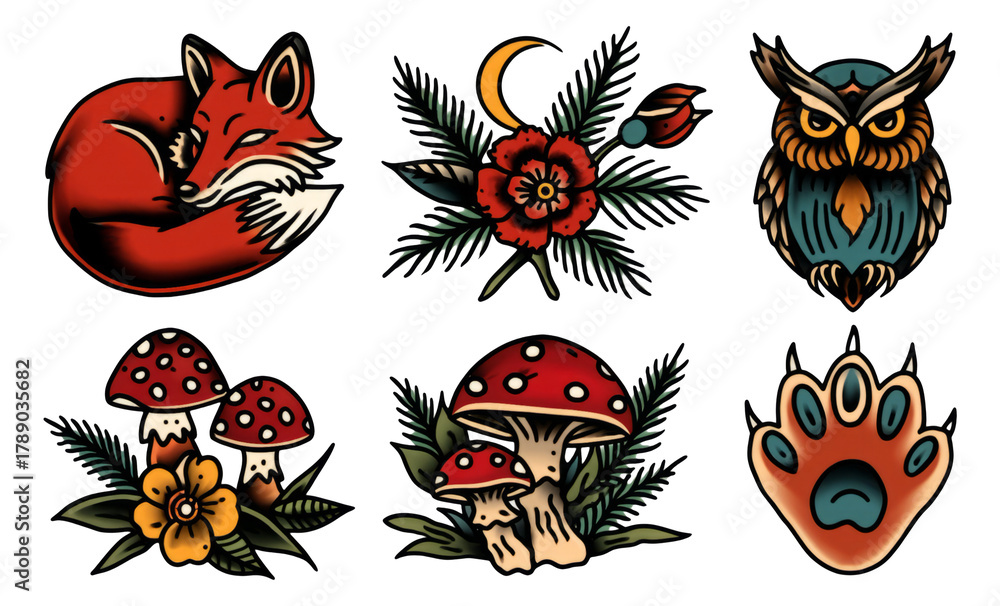 Fototapeta premium Vibrant Hand-Drawn Animals and Floral Illustrations on Transparent Background