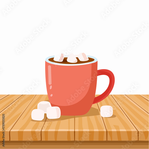 Illustration of a red mug filled with hot chocolate and marshmallows on a wooden table.