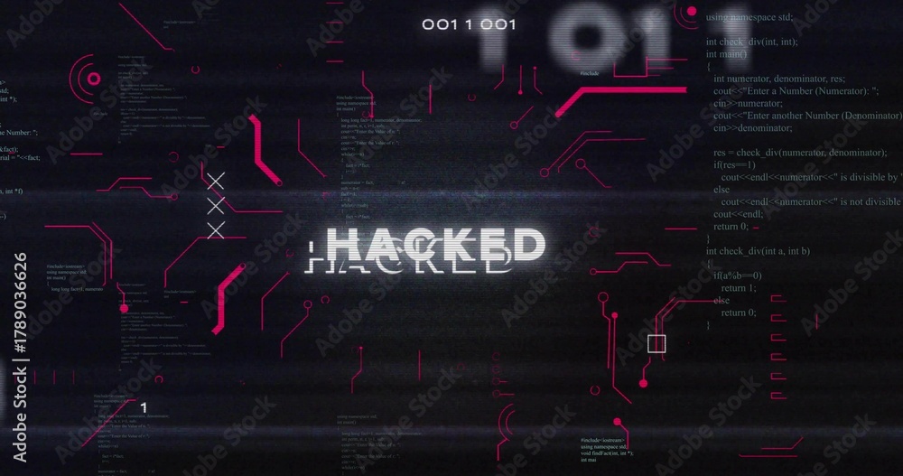 Fototapeta premium Showing distorted HACKED text glitching across cyber HUD with magenta circuits, code, binary