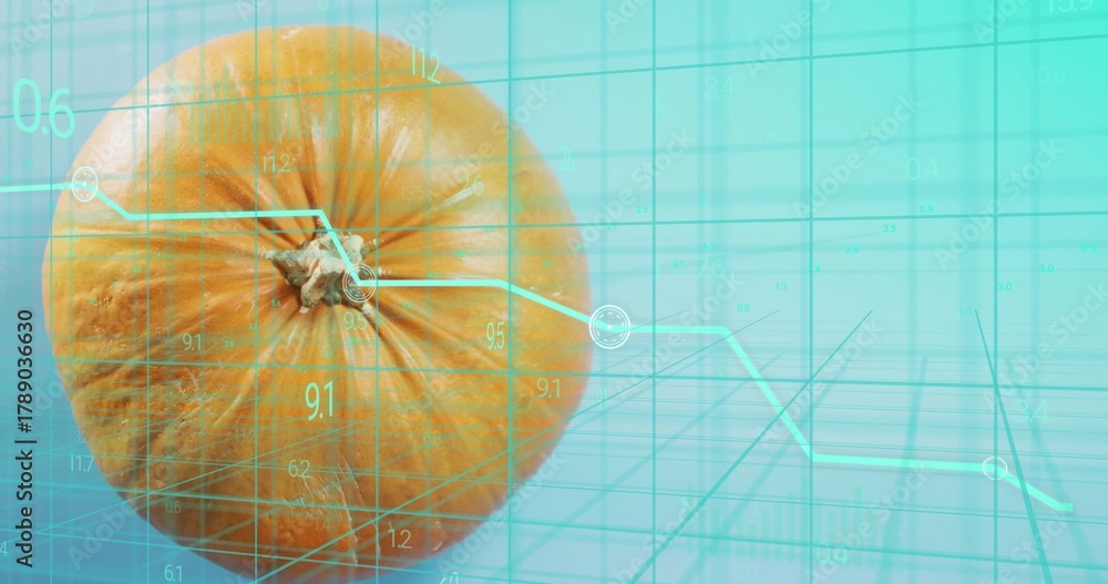 Fototapeta premium Displaying orange pumpkin sitting left in studio with cyan teal line chart, 3D grid, copy space