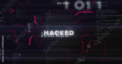 Showing distorted HACKED text glitching across cyber HUD with magenta circuits, code, binary