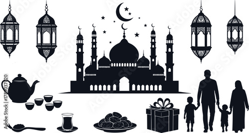 Islamic ramadan eid family culture celebration icons vector set isolated on white background, Vector, illustration