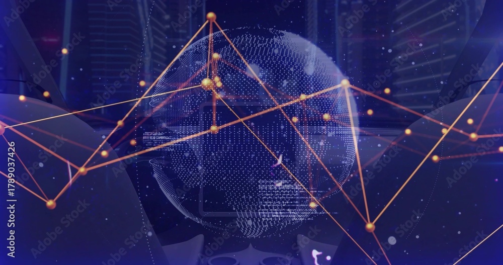 Fototapeta premium Rotating dotted globe pulsing orange-gold network lines in data hub, showing nodes and panels
