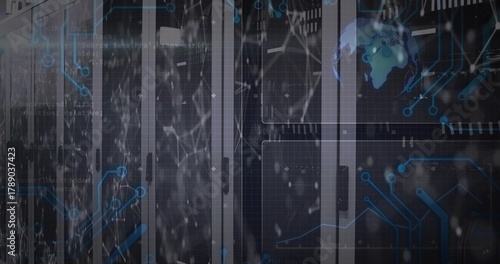 Displaying server cabinets with glass doors, LED status lights, digital overlays in data center