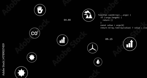 Showing white icons on black UI highlighting CO2, volcano, bars, turbine, drop, 64
