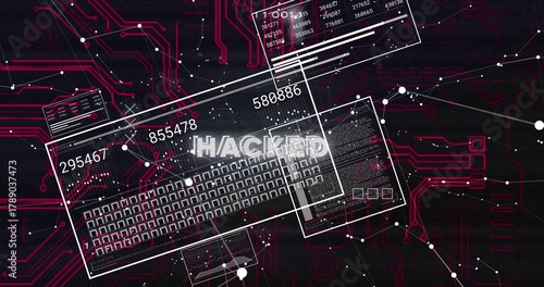 Showing central command overlay in circuit cyberspace, displaying HACKED label, keyboard grid, IDs