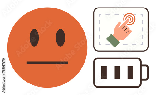 Neutral orange face, hand interacting with a touchscreen, and low battery icon. Ideal for topics thumbs up energy, emotions, technology, minimalism, fatigue digital interaction productivity. Simple