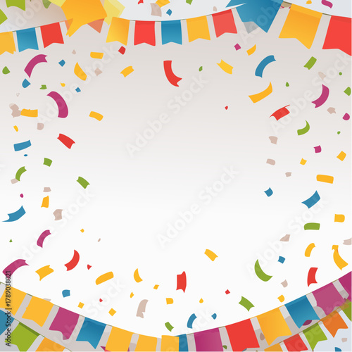 A festive background with colorful confetti and bunting flags creating a celebratory atmosphere.
