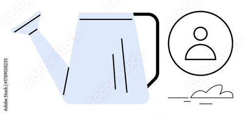 Watering can highlights focus on growth or support near user profile and cloud motif. Ideal for personal development, user care, teamwork, creativity, growth mindset, gardening, simple flat metaphor