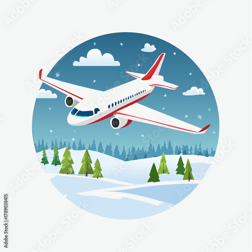 Modern vector illustration of a passenger airplane soaring above a picturesque winter landscape, capturing the essence of snowy travel and holiday adventures