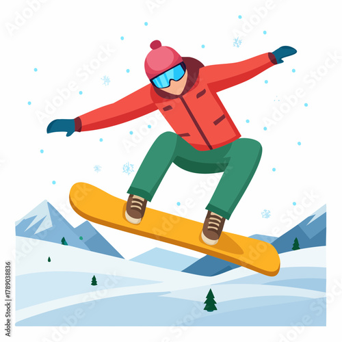 A cartoon snowboarder in a red jacket and goggles jumps high in a snowy mountain landscape.