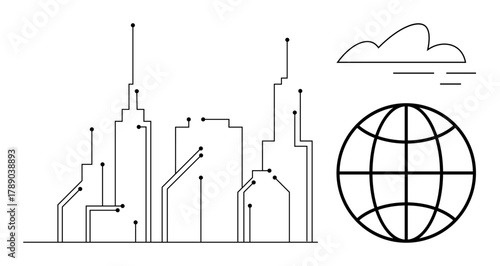 Stylized skyscrapers with circuitry elements, connected globe, and cloud highlights global networking. Ideal for smart city, IoT, innovation, technology, urban development, global communication