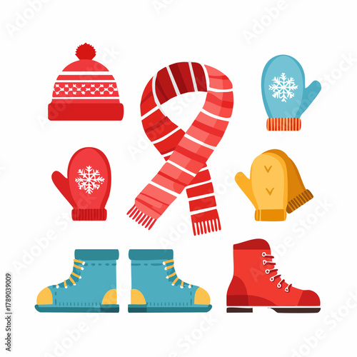A collection of colorful winter clothing accessories including a hat, scarf, mittens, and boots, isolated on a white background.