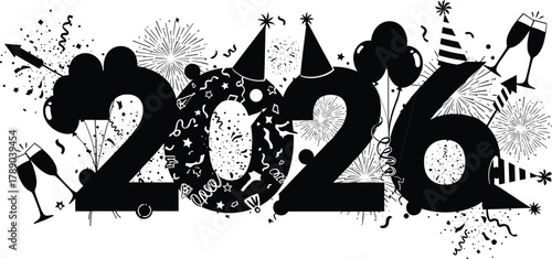 New year 2026 celebration vector with festive holiday elements isolated on white background, Vector, illustration