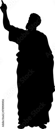 Ancient Philosopher Silhouette Pointing Upward in Dramatic Standing Pose