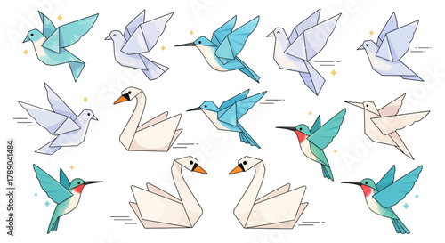 Collection of various origami and illustrated birds including doves, swans, and hummingbirds in different poses and colors on a white background.