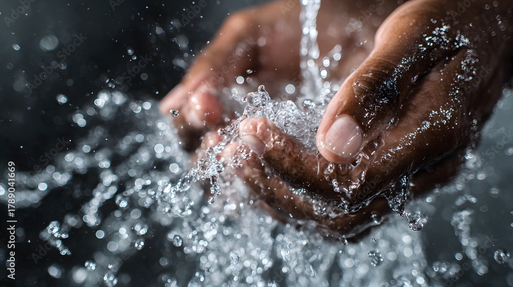 Fototapeta premium Dark-skinned hands cup flowing clear water amidst dynamic splashes