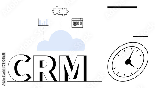 CRM letters with a cloud, bar chart, puzzle piece, and calendar icons above. Clock suggests time management. Ideal for customer relations, data tracking, productivity, innovation cloud tools