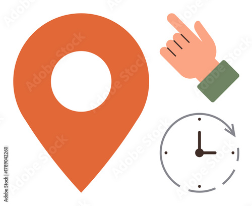 Orange geolocation pin, hand gesture pointing forward, and clock with arrow indicating time. Ideal for navigation, scheduling, geotagging, time management, location tracking, user interaction simple