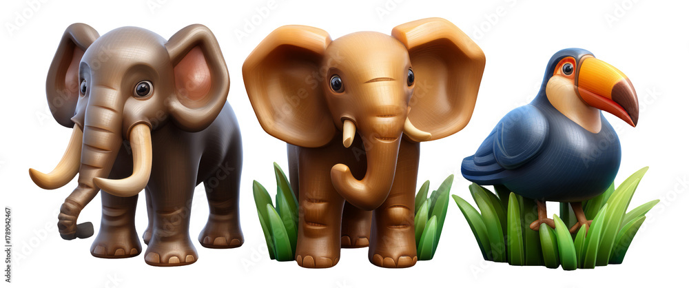 Fototapeta premium Cute Cartoon Animals with Elephants and Toucan on Isolated Transparent Background