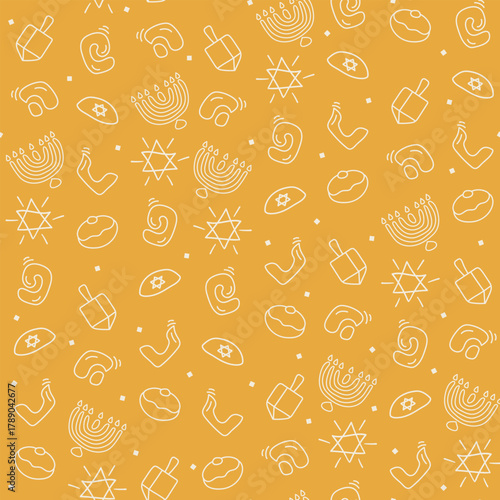 Outline Hanukkah symbols comic repeating pattern. Doodle holiday surface textile. Use as holiday wrapping paper, backdrop, flyers and banners background