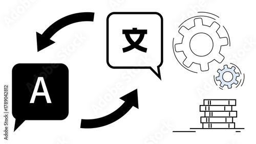 Speech bubbles with language symbols connected by arrows, gears, and a document stack represent language translation, workflow, teamwork, technology, globalization, education, and communication in
