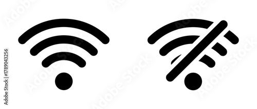 Set of Wi-Fi and no WiFi icons in, Wi-Fi signal: one connected and one crossed out for no internet connection and offline mode. wireless internet, network settings, devices, and technology interface