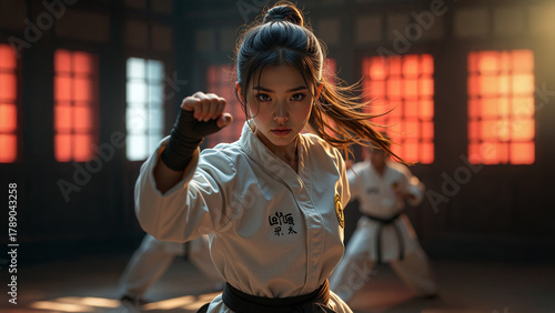 Beautiful young asian woman as Taekwondo athlete posing for a sports photoshoot while performing Taekwondo action.