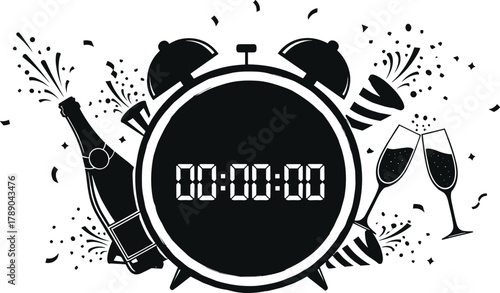 New year's eve countdown clock with champagne celebration party isolated on white background, Vector, illustration