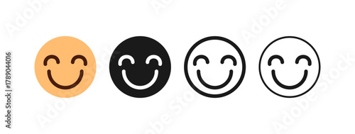 Set of happy smiley face, smiling emoji icons with closed eyes in flat, solid, and outline styles. Perfect for expressing joy or satisfaction, positivity, emotion, feedback, and social media reactions