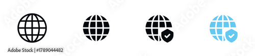 Set of global network icons with a verified check mark, symbolizing internet security, global access, secured connection, and trusted network. Perfect for web, app, or cybersecurity designs
