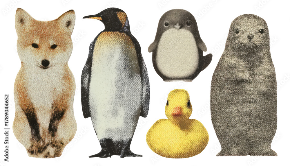 Fototapeta premium Adorable Animal Illustrations Featuring Fox, Penguin, Penguin Chick, Otter, Rubber Duck
