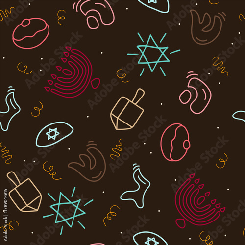 Cute and playful Hanukkah seamless pattern with traditional  jewish religion symbols. Use as template,print, cover, for web,flyers