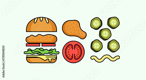 Illustration of a burger, chicken, tomato, pickles, and mayonnaise.