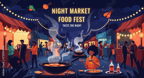 Night Market Food Fest illustration with people, food stalls, and string lights.