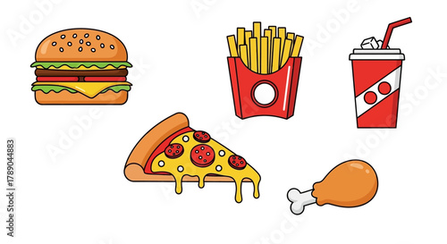 Cartoon illustration of fast food items including burger, fries, pizza, soda, and fried chicken.
