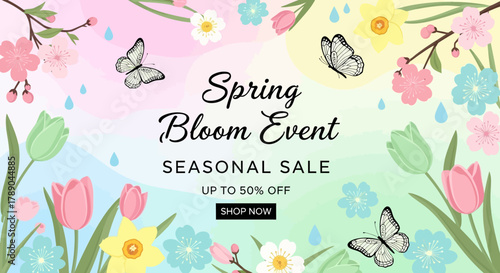 Spring Bloom Event Seasonal Sale banner with flowers and butterflies.