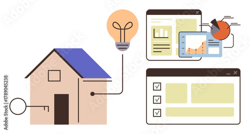 House connected to key, analytics, charts, and checklist interfaces. Ideal for technology, smart living, property management, energy home security IoT planning. Simple flat metaphor