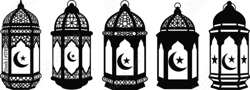 Ornate islamic ramadan lanterns with crescent and star symbol isolated on white background, Vector, illustration