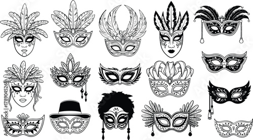 Ornate carnival masquerade masks black and white vector art collection. isolated on white background, Vector, illustration.