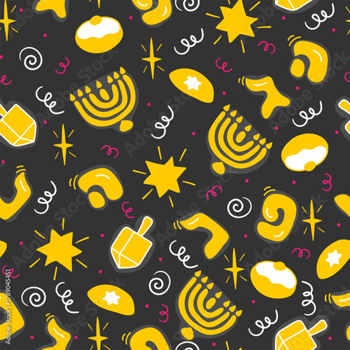 Flat vector jewish Hannukah festival hand drawn seamless pattern including dreidel,donut, hannukiah. Pop art comic style repeating pattern for Hannukah holiday designs
