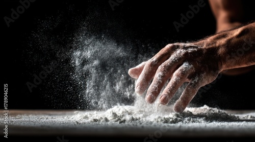 Hand mixing white powder on a dark surface with dramatic lighting.